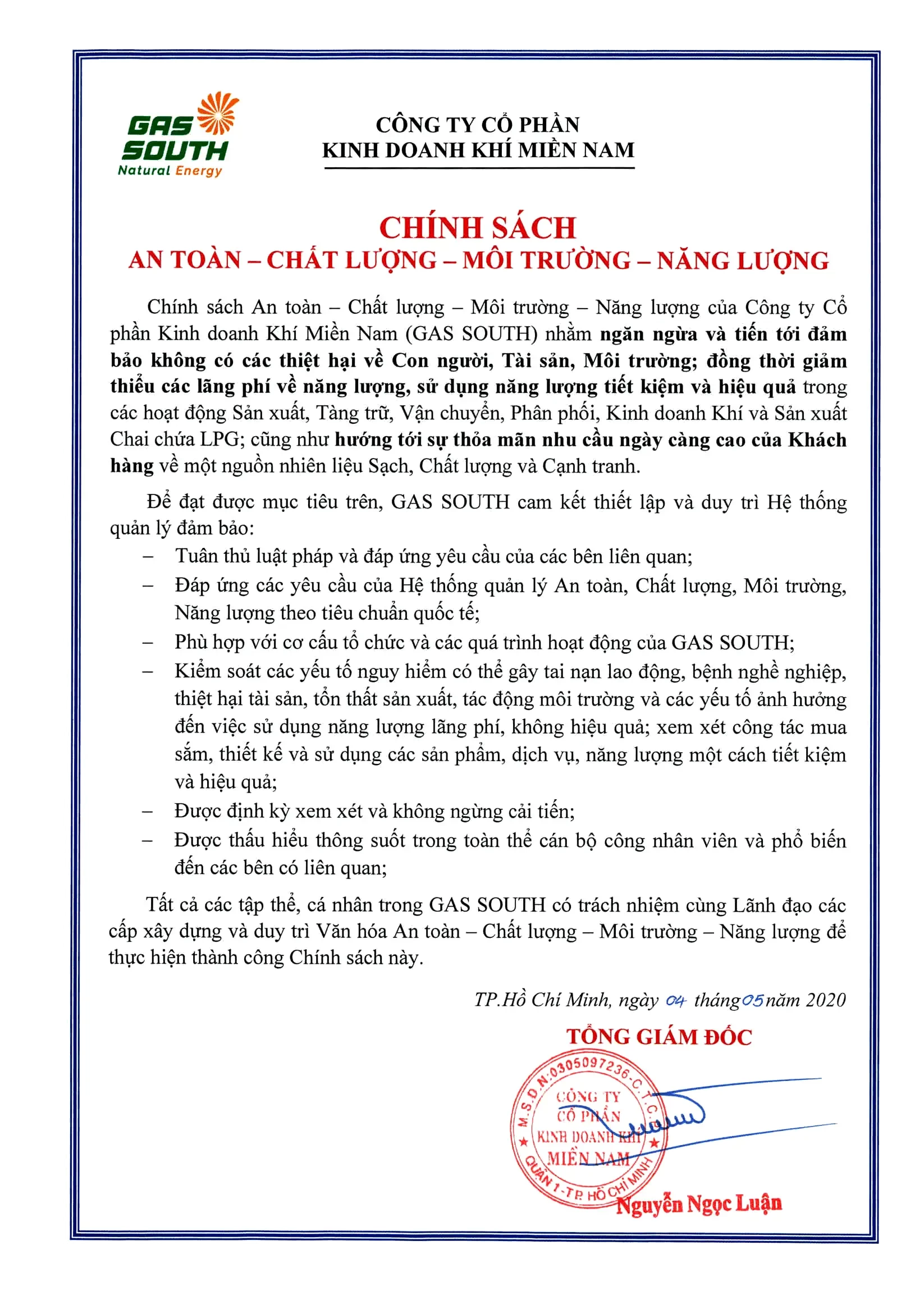 Chính sách An toàn - Chất lượng - Môi trường - Năng lượng