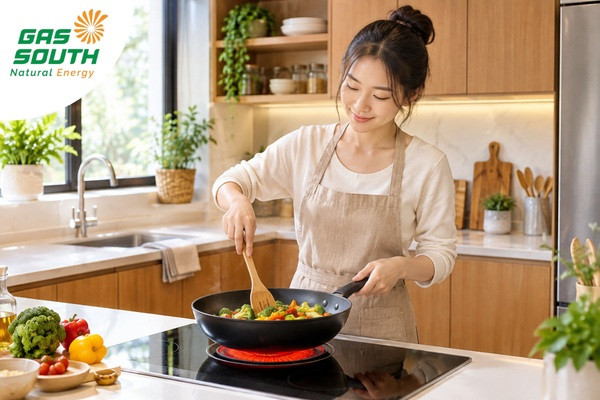 Bếp gas hồng ngoại được bố trí trên bàn bếp gia đình
